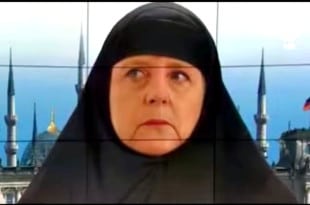 ميركل بالحجاب، صورة ميركل بالحجاب الإسلامي، وخلفها البرلمان الألماني